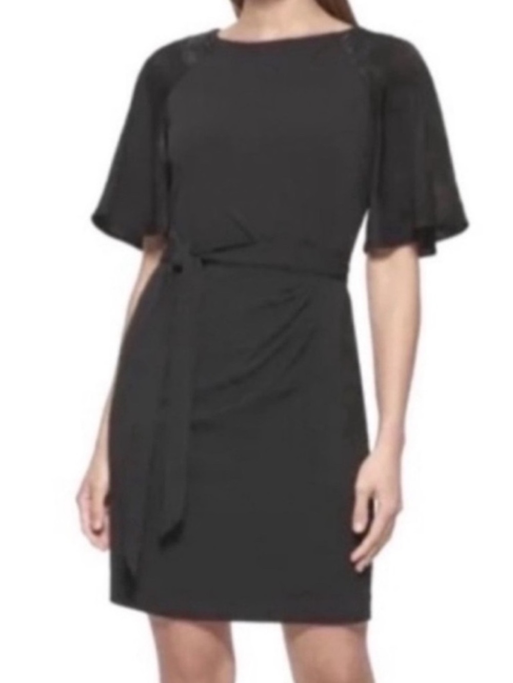 NEW DKNY Flutter Sleeve Dress Belted Crepe Black Size 6